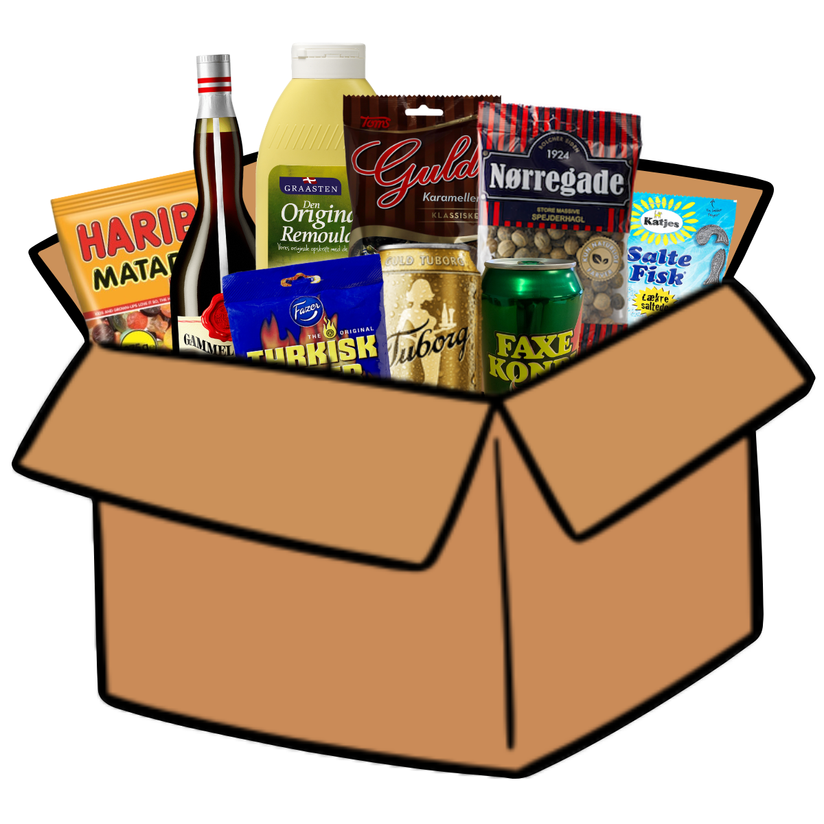 Brund papkasse med DK produkter 1200x1200px (1200 x 1200 px)